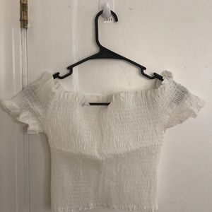 White scrunch crop top off the shoulder